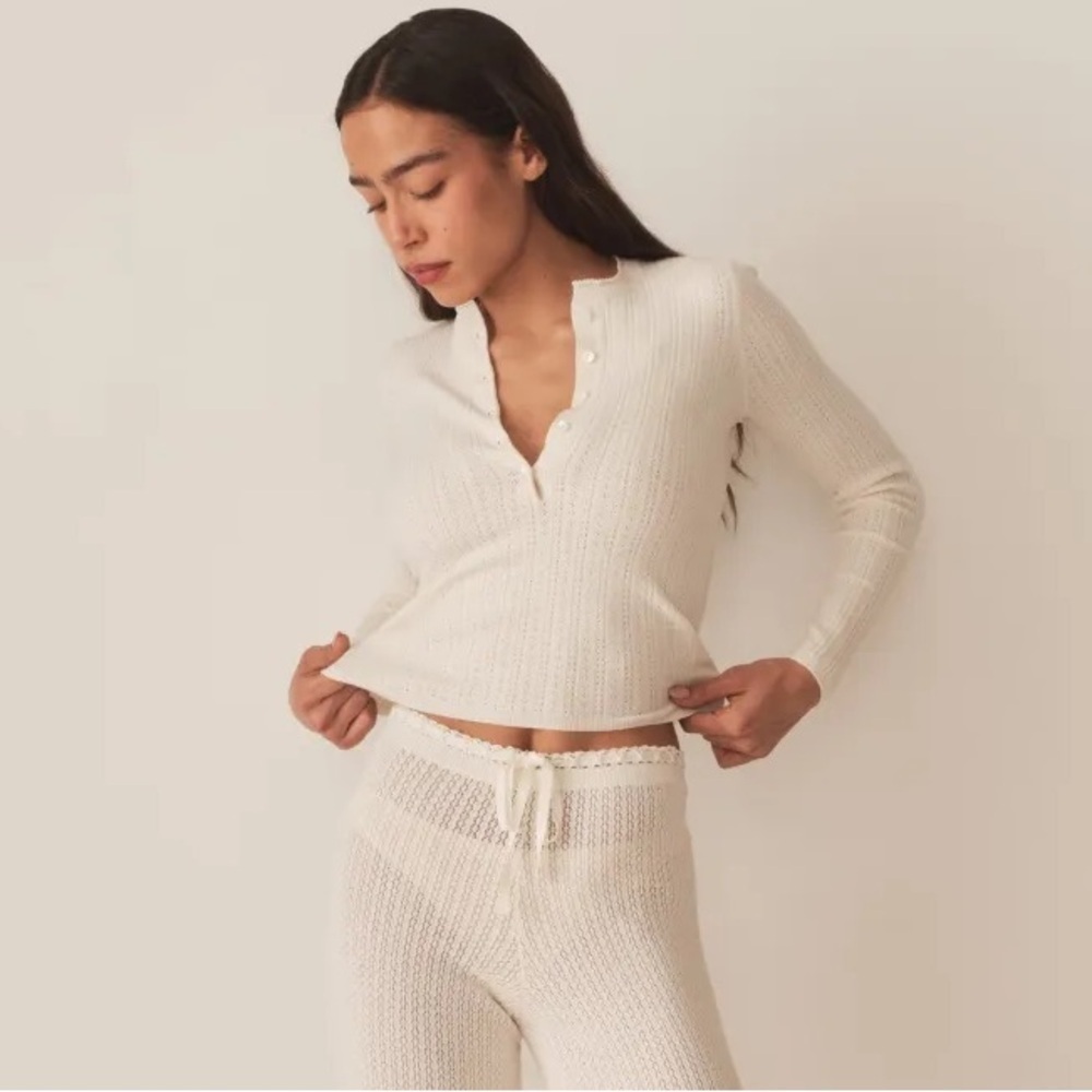 Doen Ellis Henley Pointelle Knit Button Crewneck Sweater Top Ivory - Picture 9 of 10